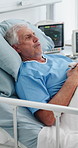 Thinking, waiting and senior man in hospital bed for medical service, cancer diagnosis and surgery results. Healthcare, reflection and elderly person with concern for recovery, treatment and wellness