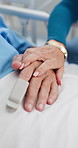 Medical, support and couple in hospital with hand holding, connection and empathy for patient diagnosis. Healthcare, mature people and clinic with compassion, unity or comfort for operation results