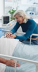 Smile, support and old couple in hospital with hand holding, connection and empathy for patient diagnosis. Healthcare, elderly people and clinic for compassion, unity or comfort for operation results