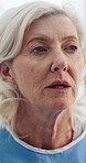 Thinking, breathe and senior woman in hospital with worry for medical results, cancer diagnosis and news. Healthcare, wondering and elderly person with concern for feedback, treatment and procedure
