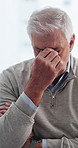 Checkup, senior man and headache in clinic for medical results, routine visit and anxiety. Retirement health, patient and nervous in hospital for healthcare outcome, doubt and uncertain or wait