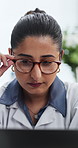 Hospital, doctor and woman with laptop, reading and medical research with info on website or online. Healthcare worker, glasses and person with tech for treatment plan, typing and administration