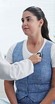 Doctor, woman and breathe with stethoscope for lung assessment, respiratory exam or advice. People, medical worker and patient in consultation with tool, cardiology evaluation or check heartbeat