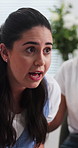 Woman, stress and group therapy with anger at clinic for mental health, support and counseling. Person with depression, anxiety and consultation with discussion for psychology services for wellness
