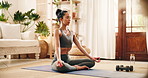 Breathing, meditation and woman with lotus pose in living room for mindfulness, calm or relax. Balance, yoga and female person on mat for grounding, health or wellness exercise in morning at house.