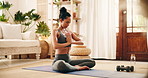 Balance, meditation and yoga with woman in living room of home for inner peace or zen exercise. Breathing, fitness and holistic wellness with calm yogi person on floor of apartment for mindfulness