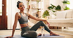 Fitness, face or woman in home with break, pride and progress in wellness activity. Happy, portrait and person in living room with confidence, exercise recovery or workout results in body improvement