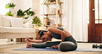 Yoga mat, stretching and woman in home for health, wellness and exercise preparation. Pilates, muscle flexibility and person on floor for self care, warm up legs and getting ready for fitness
