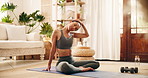Yoga, calm and woman stretching neck in home for relax, balance or pain relief in living room. Peace, fitness and female person on mat to release tension by muscle for circulation in apartment.