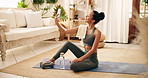 Selfie, exercise and woman with smile, home and post of workout routine on web, laughing and wellness. Happiness, influencer and person with profile picture, capture moment and fitness in living room