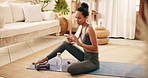 Phone, happy and woman on floor in home for social media, exercise app and online message on break. Typing, relax and person on smartphone for health website, internet and chat on yoga mat in house