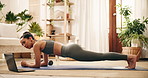 Yoga, start or woman on floor with laptop, fitness or health guide in online tutorial. Digital, preparation or female person in house with technology, plank pose or warm up tips on wellness app.
