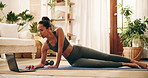 Fitness, break and woman with laptop in home, virtual workout class and video tutorial for streaming. Training pause, online exercise subscription or person with pc for routine, equipment or internet