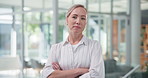 Face, creative and business woman in office, about us and magazine editor with career pride. Portrait, opportunity and professional worker with confidence, publication and employee with arms crossed