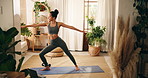 Woman, stretching and yoga with warrior at house for fitness, spiritual healing and mindfulness. Female person, breathing and inner peace with warm up, holistic balance and chakra energy for wellness