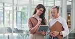 Planning, discussion and women with tablet in creative agency, article pitch or feature inspiration. Smile, draft proofreading or manager talk with journalist for teamwork, tech or explain story idea