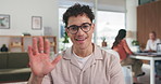 Face, man and wave in office with video call POV, discussion or idea planning for marketing project. Coworking, person and greeting in workplace with virtual meeting, chat or webinar for advertising.