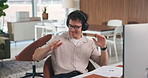 Man, dance and headphones in office with computer, music playlist and insight for marketing project. Happy, person and rhythm in workplace with desktop, online radio and data for digital advertising.