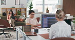 Coworking, computer screen and people with web design in office, typing code and ux project development. System maintenance, staff and communication for proposal, teamwork and tech for feature update
