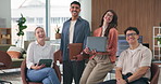 Face, media agency and business people in workplace, smile and about us for design company. Employees, happy men and women in office, collaboration and coworking for creative project and support