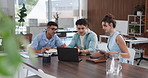 Laptop, media agency and business people in meeting, planning for news report and discussion. Talk, coworking and journalist with pc, internet or email for publishing schedule or feedback for article