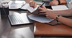 People, hands and writing in office with meeting, laptop or brainstorming idea for online advertising. Team, notes and documents in workplace with computer, discussion and plan for digital marketing.