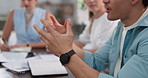 Hands, man and talking with staff in office for discussion, planning and article feedback. Person, explain and team listening to advice, brainstorming and communication with publication tips of story