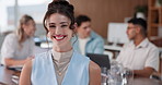 Face, smile and business woman in meeting for event planning, coordination and about us in office. Portrait, happy person and coworking in workplace, creative organizer or confident manager with team