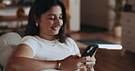 Couch, reading or woman typing with phone on weekend, social network or check message app for alert. Notification, digital communication or happy person texting in home, email response or online chat