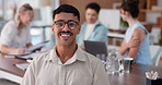 Face, smile and business man in meeting for event planning, coordination and about us in office. Portrait, happy person and coworking in workplace, creative organizer or confident intern with glasses