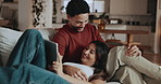 Couple, laugh and conversation on sofa with tablet, funny story and social media for bonding together. Happy, married people and talk in home with tech, online meme and connection for internet humor.