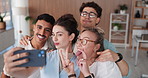 Happy, business people and group with selfie for about us, memory or photography together in office. Excited, team or colleagues with smile or friends for picture, capture moment or post in workplace