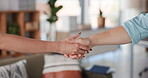 Welcome, meeting and business people with handshake in office for magazine deal or agreement. Greeting, team and creative editor shaking hands with client for publishing with partnership contract.