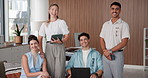 Happy, business people or face with creative team for about us or coworking agency in office. Portrait, colleague or group of employees with smile, laptop or tablet for company project or development