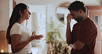 Fight, argument and people in home with relationship, angry or disappointment in couple affair. Upset, man or woman in house with disagreement, frustration or infidelity crisis with marriage issue.
