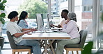 Business people, creative team and coworking with computer for project, agenda or tasks in office. Group, employees or designers planning with technology for job or development in digital agency