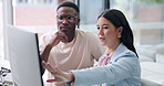 Team, review or people in office with computer, advice or partnership for campaign pitch. Collaboration, discussion or marketing specialist with tech, help or feedback for brand awareness proposal.
