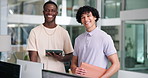 Face, team and smile with business men in office, laugh and creative web designers with tablet. Portrait, happy programmers and cooperation with tech, about us and funny with solidarity in workplace
