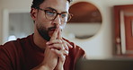 Creative, thinking and man with laptop, home or online for article, remote work and email marketing. Copywriting, freelancer and person with tech for ad campaign, reflection and reading with glasses