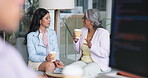 Coffee, meeting and talking with designer women in office together for feedback, planning or review. Collaboration, conversation and drink with employee people in design workplace for project update