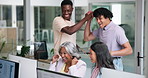 Computer, business people and high five in office for success, fist pump or clap for campaign data. Tablet, team or celebrate goal, marketing target or excited with performance metrics for brand deal