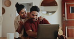 Finance, laptop and talking with couple in home together for budget review or investment planning. Computer, conversation and hug with happy people in apartment for financial or wealth management