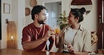 Morning, orange juice and toast with couple in home together for bonding, milestone or romance. Cheers, drink and love with happy people in apartment for beverage, connection or relationship