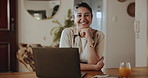Laptop, remote work and smile with face of woman in home for small business planning or research. Computer, connection and startup with freelance employee in apartment for online information review
