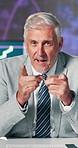Face, businessman and pointing with financial newsroom for stock market, update and currency trading. Mature, tv person and opportunity with advice for foreign exchange, economy growth and host