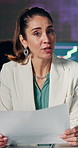 Face, broadcast and woman with paperwork, newsroom and financial update for stock market or talking. Media, journalist and mature person with document for economy growth, live stream and presentation