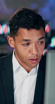 Businessman, broker and trading with stock market for online investment or finance in office. Man, trader or investor monitoring with graph, chart or statistics for digital currency in workplace