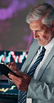 Mature, businessman and tablet with stock market research for online finance or investment. Man, broker or trader scrolling with technology or app for digital curreny or asset management in workplace