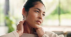 Stress, woman and massage neck pain in home for muscle cramp, stiffness and pinched nerve. Discomfort, female person or stretching to relieve joint ache, shoulder inflammation or poor posture on sofa