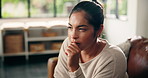 Thinking, anxiety and woman on sofa in home with worry for decision, sad memory and mistake. House, lounge and person biting nails for anxious, nervous and unsure of future, mental health and stress